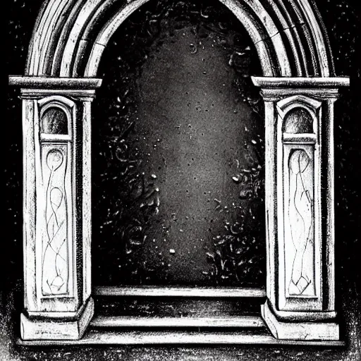 Prompt: dark etherial gate portal to a different dark world, midnight, quiet and serene, high detail, mystery, dramatic