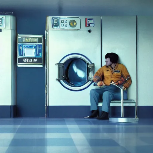 Image similar to a beautiful photo of an astronaut waiting in a laundromat, 1970', soft light, photorealistic, realistic, octane, 8k, cinematic shot