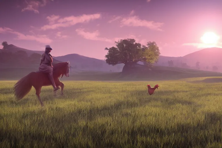 Prompt: a cinematic photograph of a chicken riding a horse through a vast serene landscape, rivers and fields run through the landscape and the sun rises over the hilltops, hyper realistic, unreal engine 5, by beeple