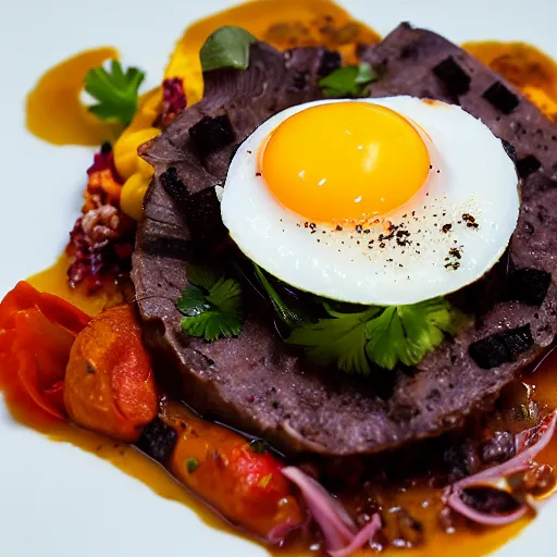 Image similar to black pudding ceviche in leche de tigre, roasted tomatoes, fried egg, chili oil, michelin starred restaurant, award winning photography, noma, by rene redzepi, by pierre gagnaire, food photography, highly detailed, culinary plating