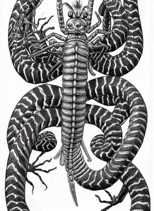 Prompt: line art pencil drawing of a scolopendra that turns into a woman, art by shinichi sakamoto and kentaro miura