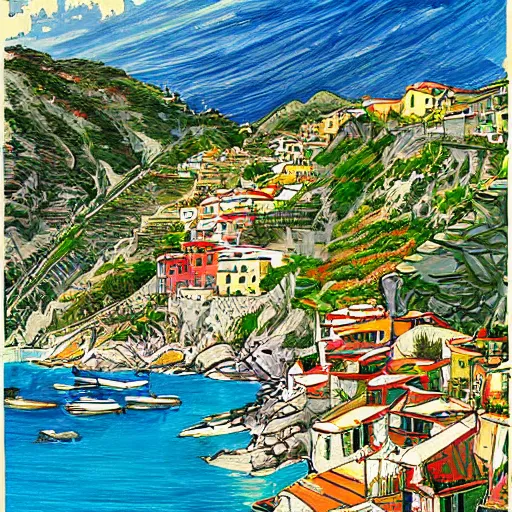 Prompt: illustration, french bande dessinée, final fantasy, mediterranean landscape, quaint village, bright colors, cinq terre, highly detailed, luminous