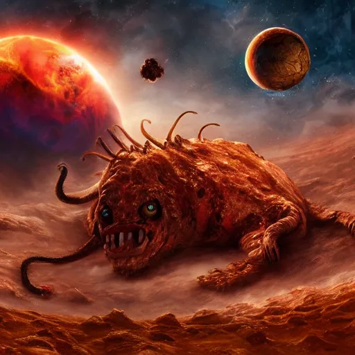 Image similar to eldritch horror bloody garfield in space, hd, 8 k, giant, epic, realistic photo, unreal engine, stars, prophecy, powerful, cinematic lighting, destroyed planet, debris, violent, sinister, ray tracing, dynamic, epic composition, dark, horrific, teeth, grotesque, monochrome drawing, hellscape