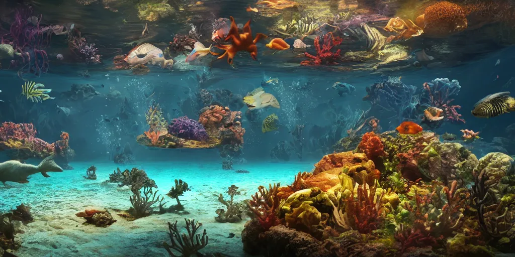 Image similar to underwater enviroment with Lophiiformes creatures, unreal 5, hyperrealistic, realistic, photorealistic, dynamic lighting, highly detailed, cinematic landscape, studio landscape, studio lighting