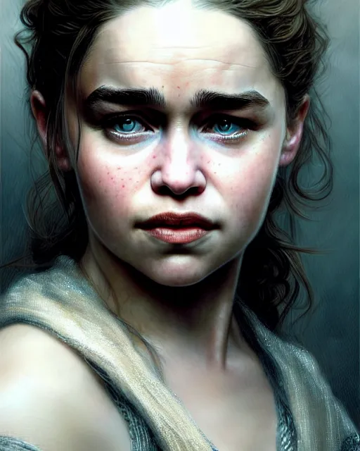 Prompt: emilia clarke teenage, character portrait, portrait, close up, concept art, intricate details, highly detailed by greg rutkowski, michael whelan and gustave dore