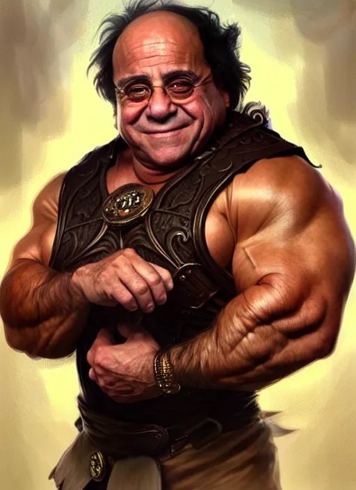 Prompt: portrait of danny devito with synthol muscles, d & d, muscular! fantasy, intricate, elegant, highly detailed, digital painting, artstation, concept art, smooth, sharp focus, illustration, art by artgerm and greg rutkowski and alphonse mucha