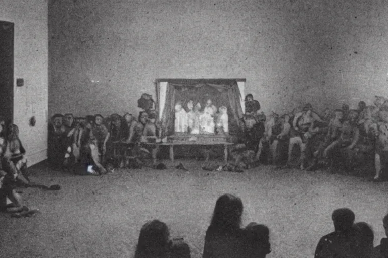 Image similar to photograph of a room of people staring at a live demon