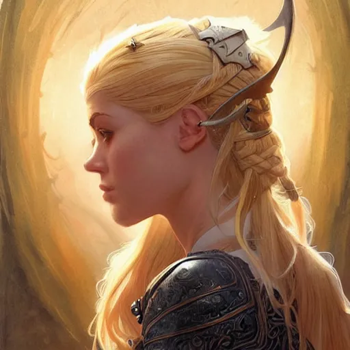 Image similar to an epic fantasy comic book style portrait painting of a young blonde girl thief, d & d, fantasy, joyful smirk, intricate, elegant, highly detailed, digital painting, artstation, concept art, matte, sharp focus, illustration, art by artgerm and greg rutkowski and alphonse mucha