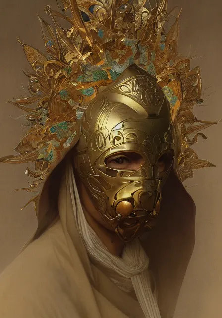 Image similar to happy mask salesman, intricate, elegant, highly detailed, digital painting, artstation, concept art, smooth, sharp focus, illustration, art by artgerm and greg rutkowski and alphonse mucha and william - adolphe bouguereau