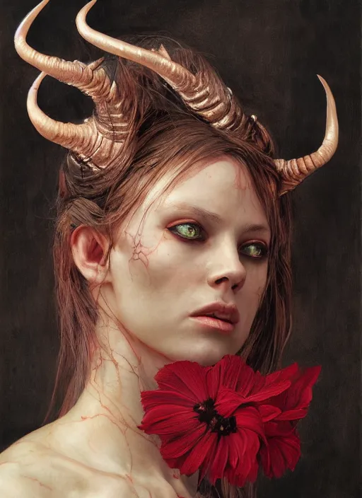 Prompt: half demon half human intricate skin, petals, silicone cover, elegant, peaceful, full body, horns, hyper realistic, extremely detailed, dnd character art portrait, fantasy art, intricate fantasy painting, dramatic lighting, vivid colors, deviant art, artstation, by edgar maxence and caravaggio and michael whelan and delacroix.