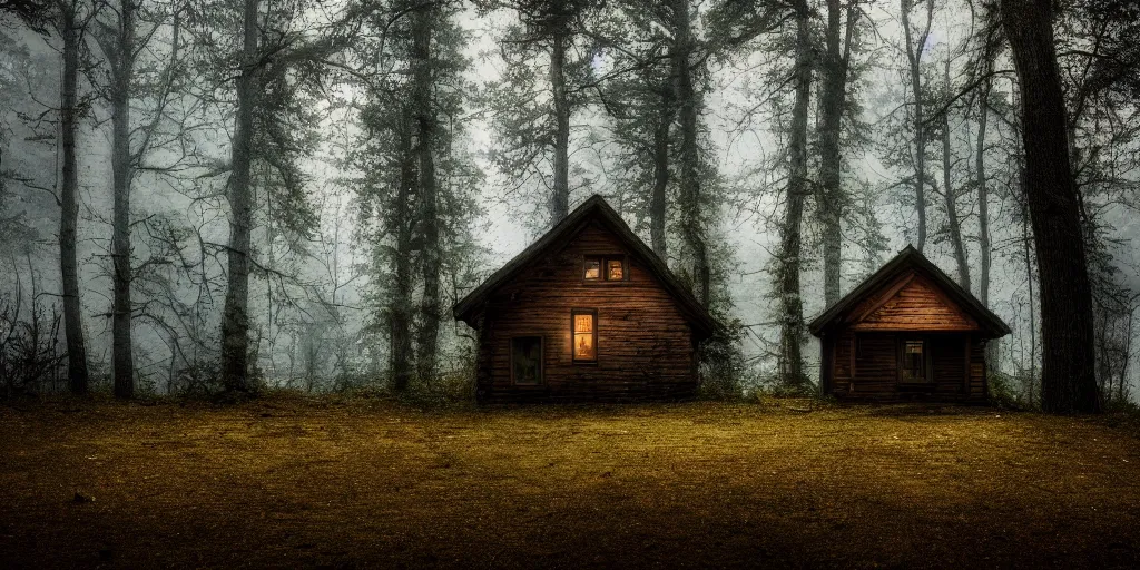 Image similar to a cottage in the woods and empty woods, 80mm lens, 8k, fantasy, hyper realistic, dramatic lighting, cinematic