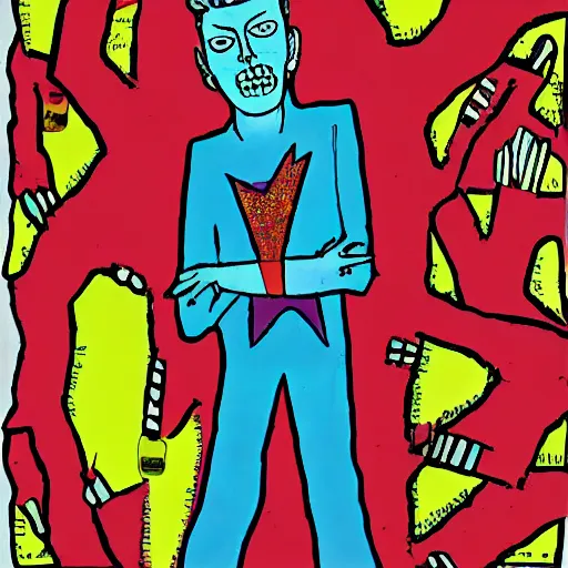 Prompt: david bowie in the style of daniel johnston and outsider art, acid, 4k