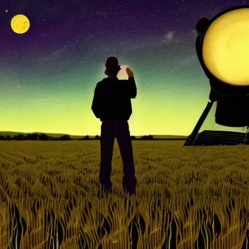 Prompt: a farmer standing on the fields of barley looking at the stars through telescope by H.P. Lovecraft, 8k, epic scene, concept art