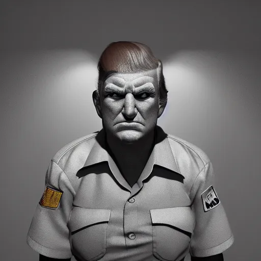 Prompt: trump in prison uniform in prison cell trending on artstation, dramatic lighting, octane render, weta digital, micro details, 3 d sculpture, structure, ray trace,