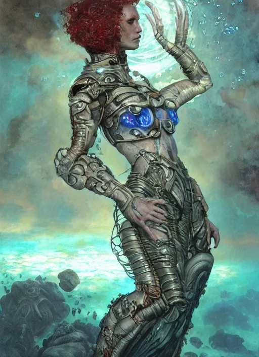 Prompt: biblical daemonic cyborg girl with glowing veins, shoulder pads, on planet jupiter, underwater photography, by gerald brom, by mikhail vrubel, by peter elson, muted colors, extreme detail, trending on artstation, 8 k