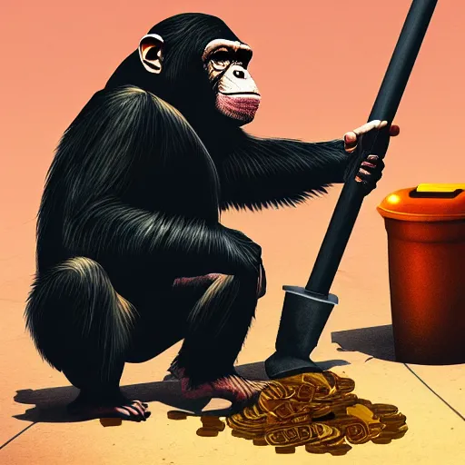 Image similar to a chimpanzee picking up pennies in a street with a large steamroller in the background, dramatic lighting, highly detailed digital painting
