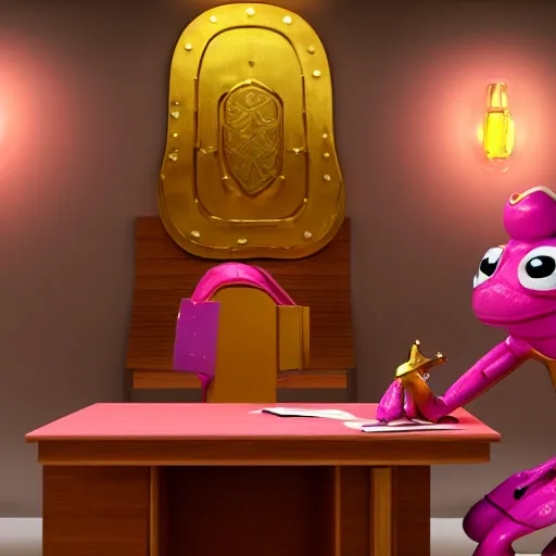 Image similar to octane render of a pink anthropomorphic frog wearing a golden set of armor sitting in a desk at an office,