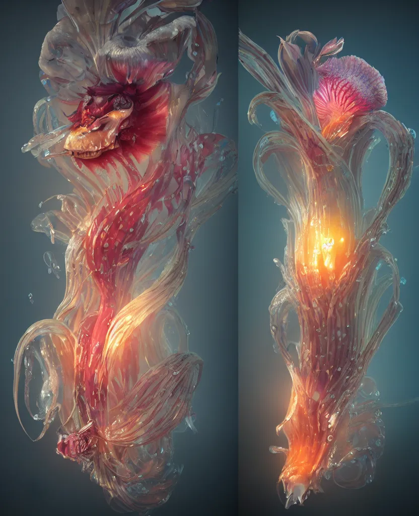 Prompt: 3 d head shot portrait of the face of a beautiful princess, giant orchid flower, giant gladiola, high contrast and sharpness, jellyfish face skull phoenix bird, translucent, nautilus, smoke and water energy flow. highly detailed, epic. octane render, excellent composition, by wlop, tooth wu, greg rutkowski, beeple