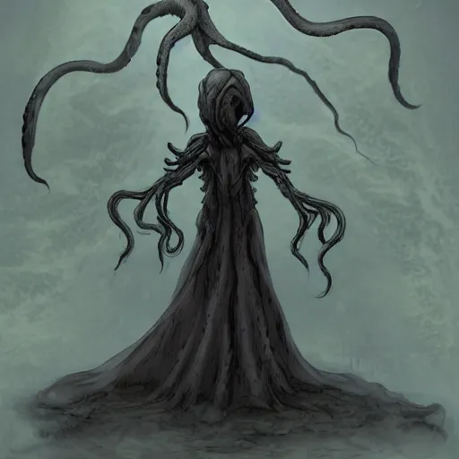 Image similar to concept designs for an ethereal ghostly wraith like figure with a squid like parasite latched onto its head and long tentacle arms that flow lazily but gracefully at its sides like a cloak while it floats around a frozen rocky tundra in the snow searching for lost souls and that hides amongst the shadows in the trees, this character has hydrokinesis and electrokinesis for the resident evil village video game franchise with inspiration from the franchise Bloodborne