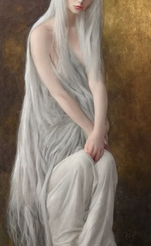 Prompt: who is this angel with silver hair so pale and wan! and thin!?, lone petite feminine goddess, wearing robes of silver hair, flowing, pale fair skin!!, young cute face, covered!! hair, clothed!! lucien levy - dhurmer, jean deville, oil on canvas, 4 k resolution, aesthetic!, mystery