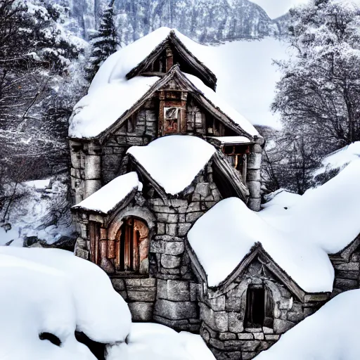 Prompt: old abandoned dwarven keep nestled high up in the snow covered mountains. picturesque scenery. running water. landscape photography. fantasy. trending on art station.