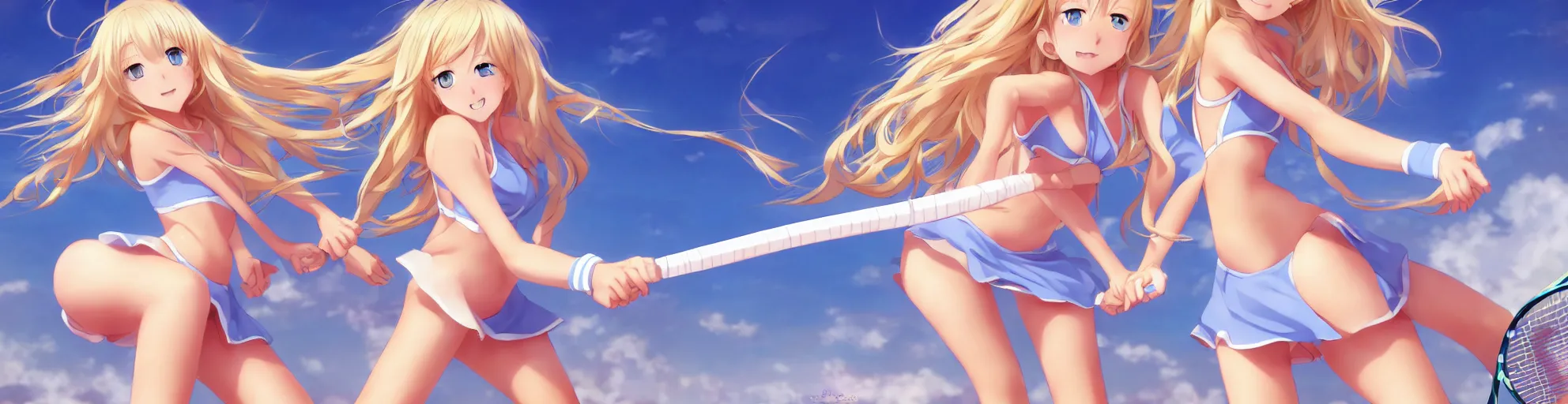 Image similar to a very beautiful young anime tennis girl, full body, long wavy blond hair, sky blue eyes, ( ( ( full round face ) ) ), short smile, bikini, miniskirt, front view, mid - shot, highly detailed, cinematic wallpaper by stanley artgerm lau