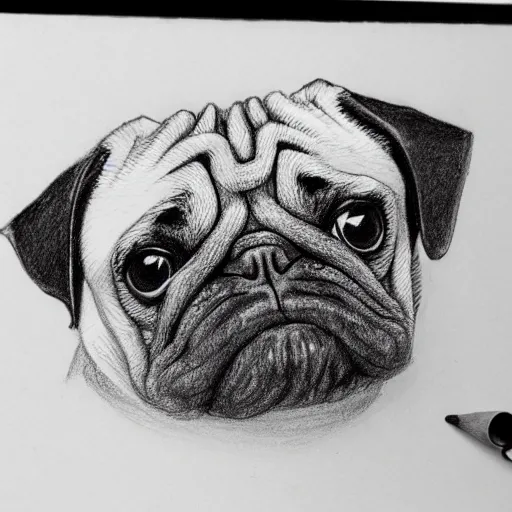 Image similar to sketchbook pencil drawing of a pug centipede, photo