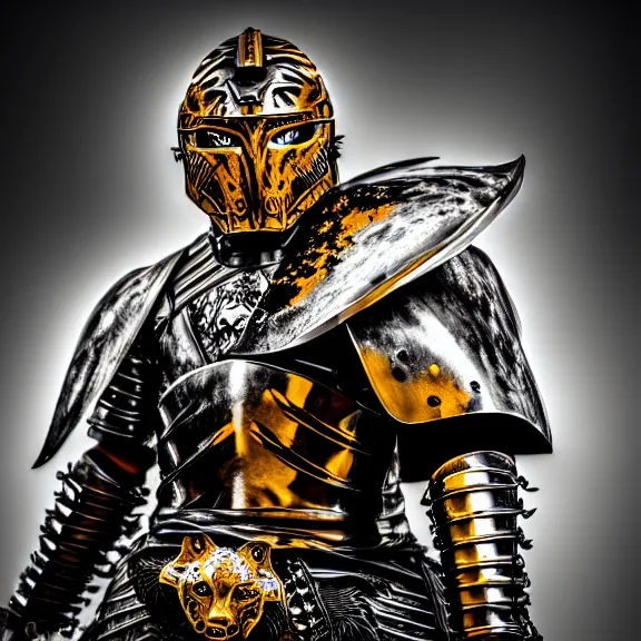 Image similar to photo of a warrior with metal tiger theme armour, 4 k, hdr, smooth, sharp focus, high resolution, award - winning photo