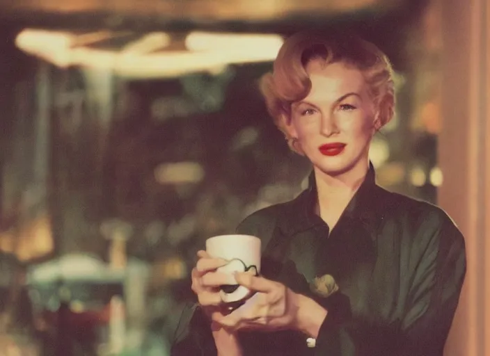 Image similar to a close - up, color cinema film still of a marlin monroe drinking coffee at a starbucks, ambient lighting at night, from matrix ( 1 9 9 9 ).