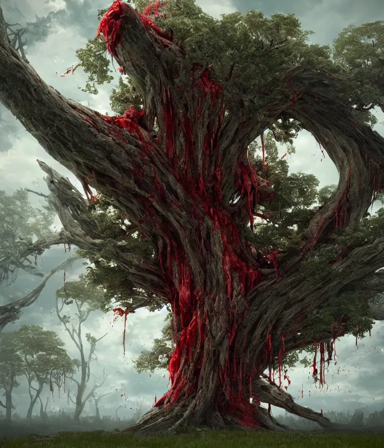 Prompt: a beautiful hyperrealistic detailed 3 d render of a colossal, flying, vampiric tree sucking blood from the landscape, by anton otto fischer, atey ghailan, by goya, unreal engine, octane render, epic, 3 d, intricate, ultra wide, artstation, volumetric lighting, hdr, polished, micro details, ray tracing, 8 k