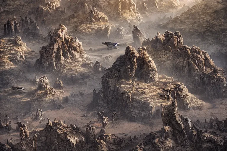 Prompt: high aerial shot, fantasy landscape, sunset lighting ominous shadows, cinematic fantasy painting, dungeons and dragons, barren dry land, desert valley of bones, sand dunes, cracked mud, dry river bed, rock outcroppings, autumn maple bonsai, by jessica rossier and brian froud and hr giger