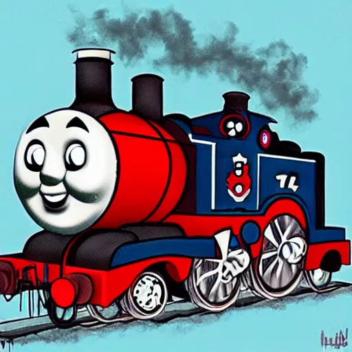 Image similar to creepy thomas the tank engine in zombie inspired art