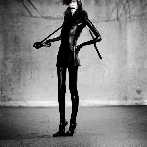 Prompt: fashion photography of an extraterrestrial model, holding a leather whip, wearing demobaza fashion, inside berghain, berlin fashion, harness, futuristic fashion, dark minimal outfit, photo 3 5 mm leica, hyperdetail, berghain, total black outfit, stone table, minimalism, 8 k, very detailed, photo by nick knight