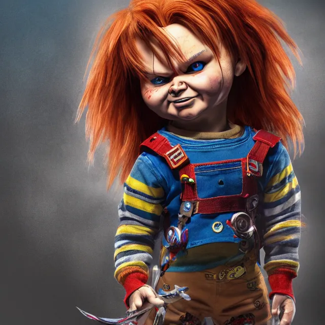 Image similar to chucky the doll, centred, very long hair, hd, hyperdetailed illustration by irakli nadar, intricate linework, bright colors, octopath traveler, final fantasy, unreal engine 5 highly rendered, global illumination, radiant light