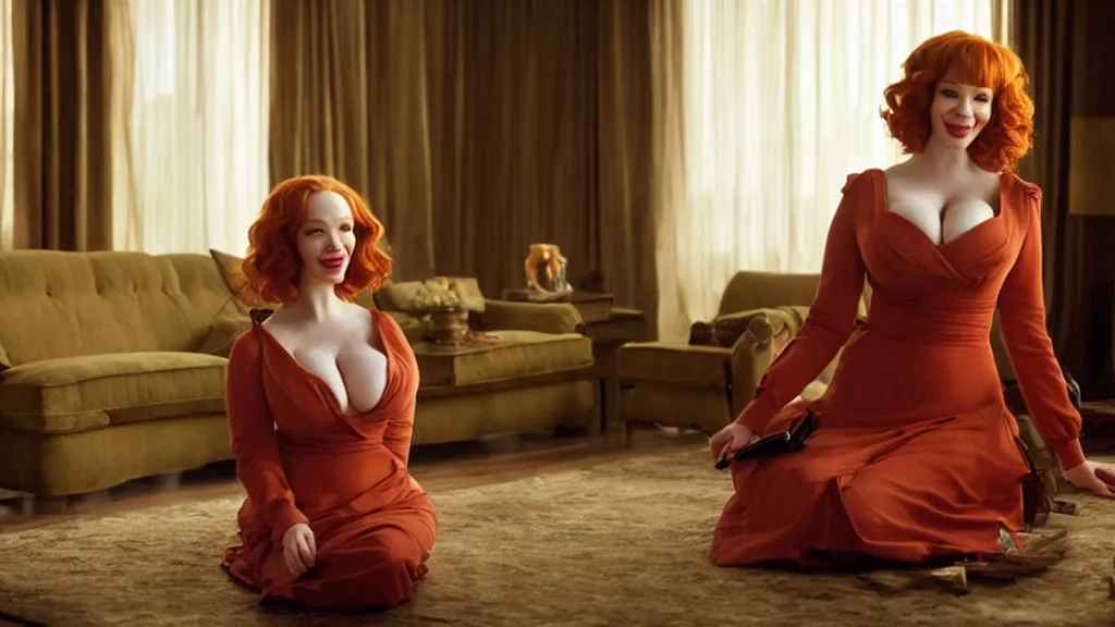 Image similar to a very happy beautiful Christina Hendricks in the living room, film still from the movie directed by Denis Villeneuve with art direction by Salvador Dalí, wide lens