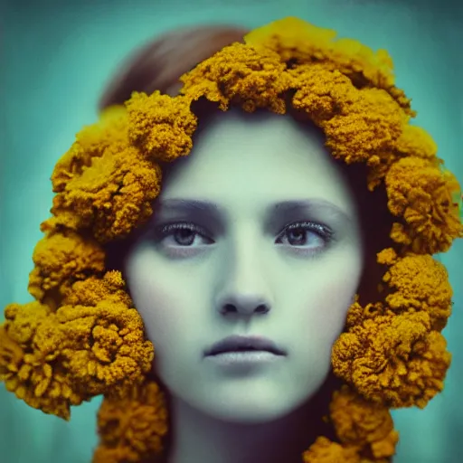 Image similar to realistic expired kodak film portrait of an angel woman tentacled creature mix, marigold celestial vibe, hyperrealism, hypermaxiymalism, photorealistic, detailed, atmospheric, 8 k, award winning photography, cinematic