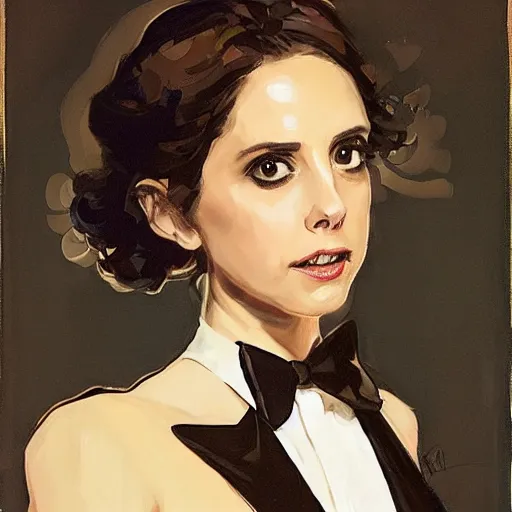 Prompt: alison brie wearing a tuxedo, holding a martini and a silenced pistol, intricate, elegant, highly detailed, greg manchess, mucha, liepke, ruan jia, jeffrey catherine jones, ridley scott