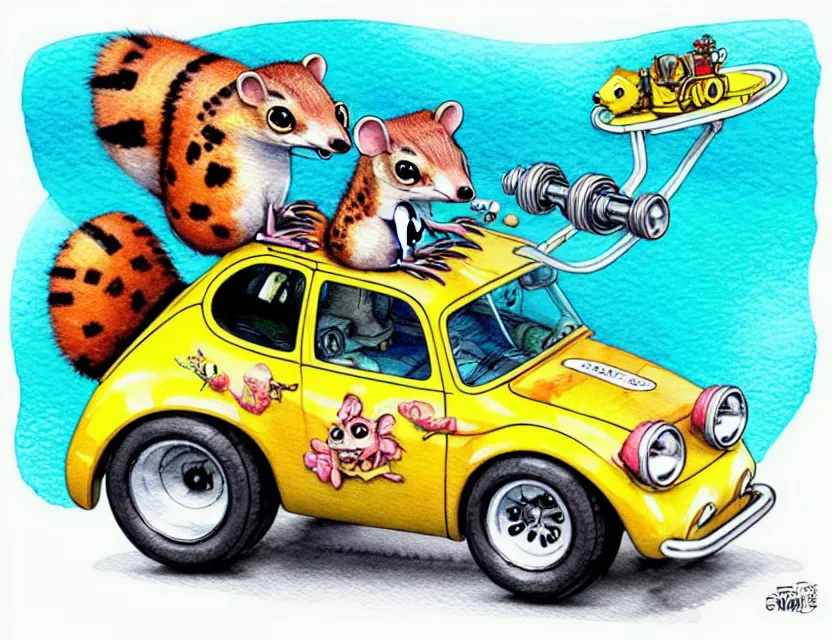 Image similar to cute and funny, quoll riding in a tiny hot rod with oversized engine, ratfink style by ed roth, centered award winning watercolor pen illustration, isometric illustration by chihiro iwasaki, edited by range murata, tiny details by artgerm and watercolor girl, symmetrically isometrically centered