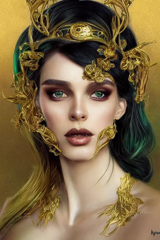 Image similar to a seductive beautiful witch from belarus, with a perfect face!!! shiny green iridescent makeup on skin, bust portrait, gold jewelry, dnd, face, fantasy, intricate, elegant, highly detailed, digital painting, artstation, concept art, smooth, sharp focus, illustration, art by artgerm and greg rutkowski and alphonse mucha