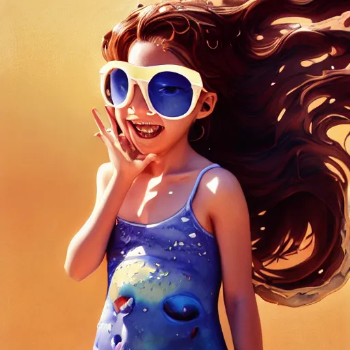 Image similar to Extremely Detailed and Full Portrait scene of Gooey Ocean scene in ink and refined sand, Wendy Thomas Wendys Mascot Girl with shades on face. wearing a sundress full body smiling by Akihito Yoshitomi AND Yoji Shinkawa AND Greg Rutkowski, Mark Arian trending on artstation