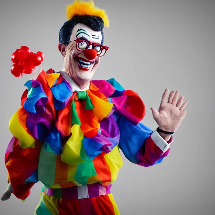 Image similar to photo steven colbert, dressed in a clown costume, octane render