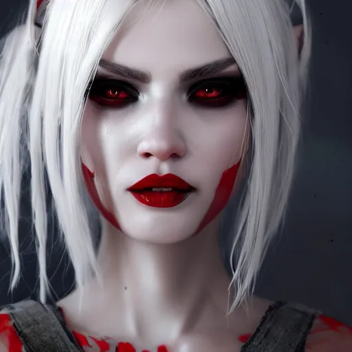 Image similar to a highly detailed portrait of a humanoid demon girl with white hair, red horns, in white clothes, artstation, deviantart, professional, unreal engine 5, photorealistic