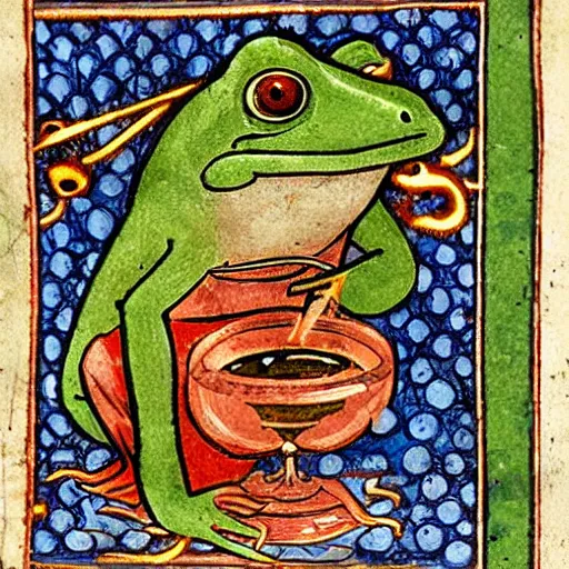Prompt: medieval illustration of a frog practicing alchemy, illuminated manuscript n -9