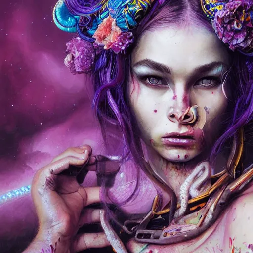 Image similar to art portrait of a furious girl with purple tentacles on her head, 8 k, by tristan eaton, stanley artgermm, tom bagshaw, greg rutkowski, carne griffiths, trending on deviantart, face enhance, hyper detailed, full of colour,