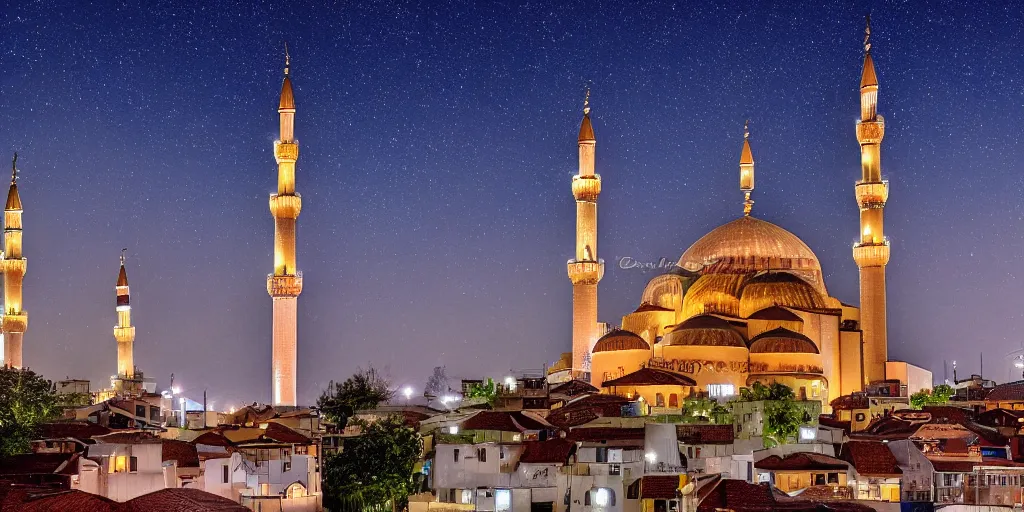 Image similar to stary night, mosque, tower, house, city