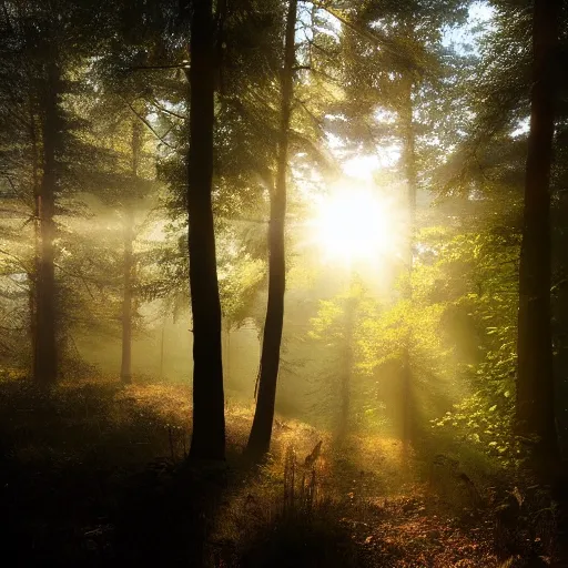 Prompt: misty forest scene, the sun shining through the trees