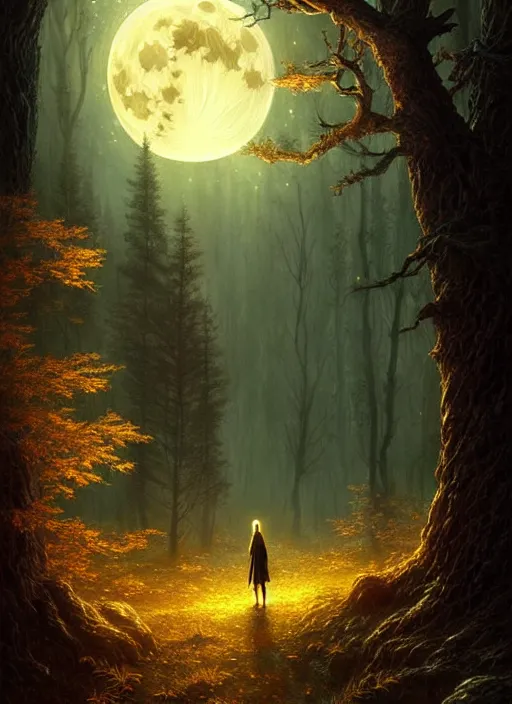 Image similar to fantasy book cover, full moon, fantasy forest landscape, golden elements, fantasy magic, no human, dark light night, intricate, elegant, sharp focus, illustration, highly detailed, digital painting, concept art, matte, art by WLOP and Artgerm and Greg Rutkowski and Albert Bierstadt, masterpiece