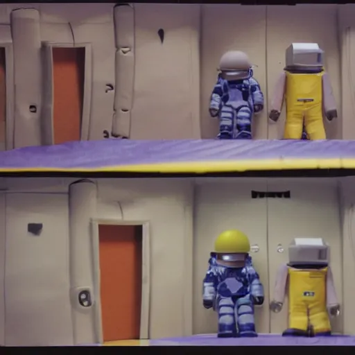 Image similar to an interior movie set made entirely of cardboard duct tape of an alien space ship, there's a window which is a poorly rendered jpeg of space, the astronauts are wearing blocky cardboard spacesuits, and the alien is a cardboard stand hastily colored in with crayon, photorealistic