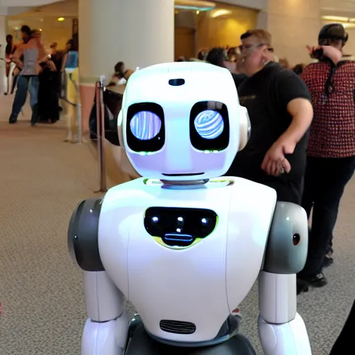 Image similar to LOS ANGELES, CA July 7 2025: Happy Open-Source Self-Aware Robot Convention, Cute Robot Wants A Hug From Attendant