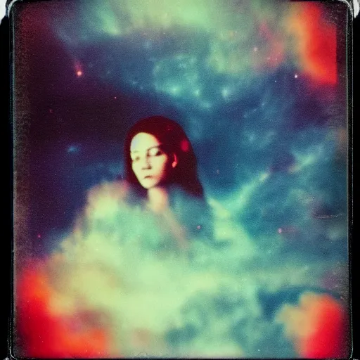 Prompt: vintage polaroid of a woman floating in deep space, detailed clouds, nebula, planets, galaxies, warm azure tones, red color bleed, film grain